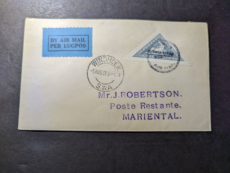 1931 Dutch SWA Airmail Internal First Flight Cover FFC Windhoek to Mariental