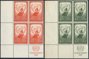 United Nations NY 29-30 plate blocks, MNH. Mi 33-34. Human Rights Day 1954.