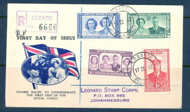 Bechuanaland Protectorate 143 to 146 on 1947 reg FDC w/Lobatsi Bech. Prot. pmk