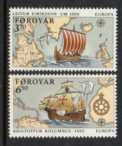 Faroe Islands 1992 Europa Ship Map Columbus VF MNH (236-7)