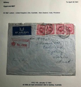 1941 British Forces Egypt Censored OAS Airmail Cover To Sydney Australia