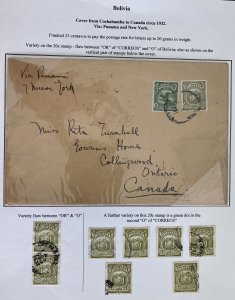 1932 Cochabamba Bolivia Cover To Canada Via Panama W Variety Of 20c Stamps