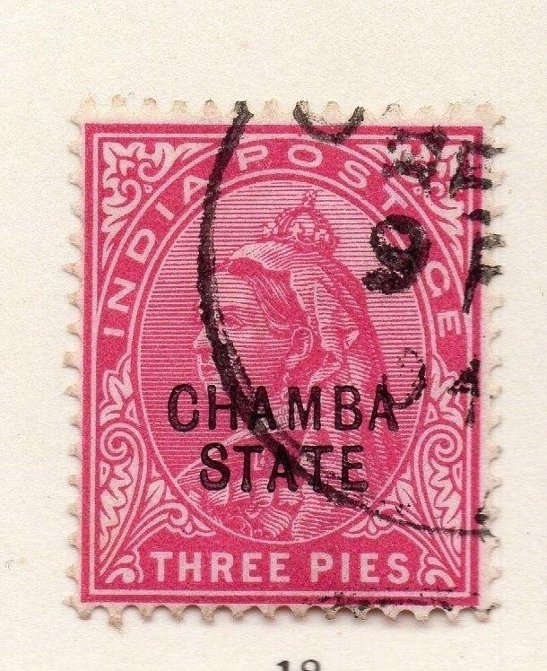 Indian States Chamba 1900-04 QV  Early Issue Fine Used 3a. Optd 157016