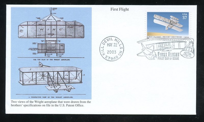 US 3783 First Flight Wright Brothers UA Mystic cachet FDC