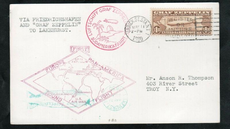 USA #C14 Very Fine Used On Zeppelin Card Europe Pan America Round Flight