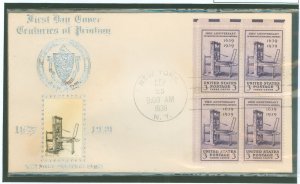 US 857 1939 3c Printing/300th anniversary in America (block of four) on an addressed first day cover Crosby photo cachet.