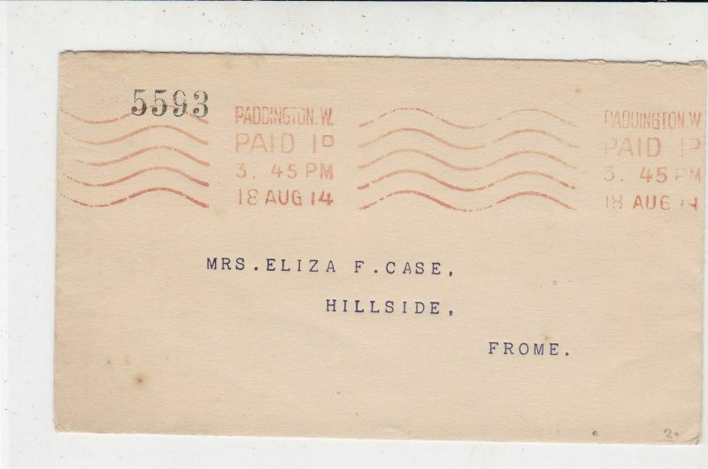 England 1914 PaddingtonW. Cancel Gt. Western Railway Bk Meter Mail Cover Rf34893