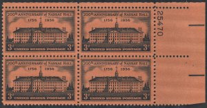 SC#1083 3¢ Nassau Hall, 200th Anniversary Plate Block: UR #25470 (1956) MNH