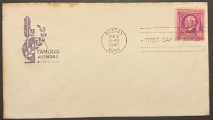 RALPH WALDO EMERSON #861 FEB 5 1940 BOSTON MA FIRST DAY COVER (FDC) BX5