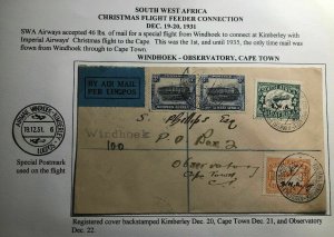 1931 Windhoek South West Africa First Flight Cover FFC To Observatory Cape Town