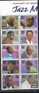 US#-2983-2992a  $0.32 Jazz Musicans vert. block of 10 (MNH) CV$23.00