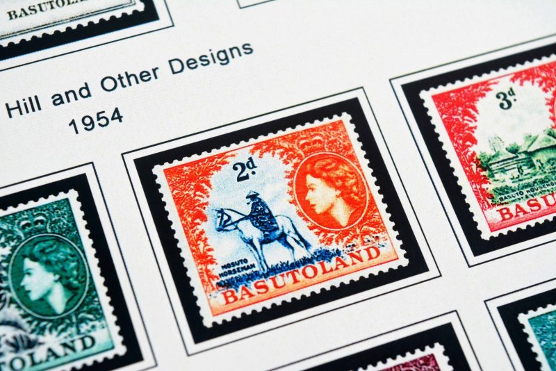 COLOR PRINTED BASUTOLAND 1933-1965 STAMP ALBUM PAGES (10 illustrated pages)