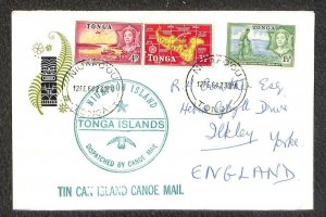 TONGA SCOTT #101 104-5 STAMPS TO ENGLAND MARIPOSA SHIP TIN CAN CANOE MAIL 1964