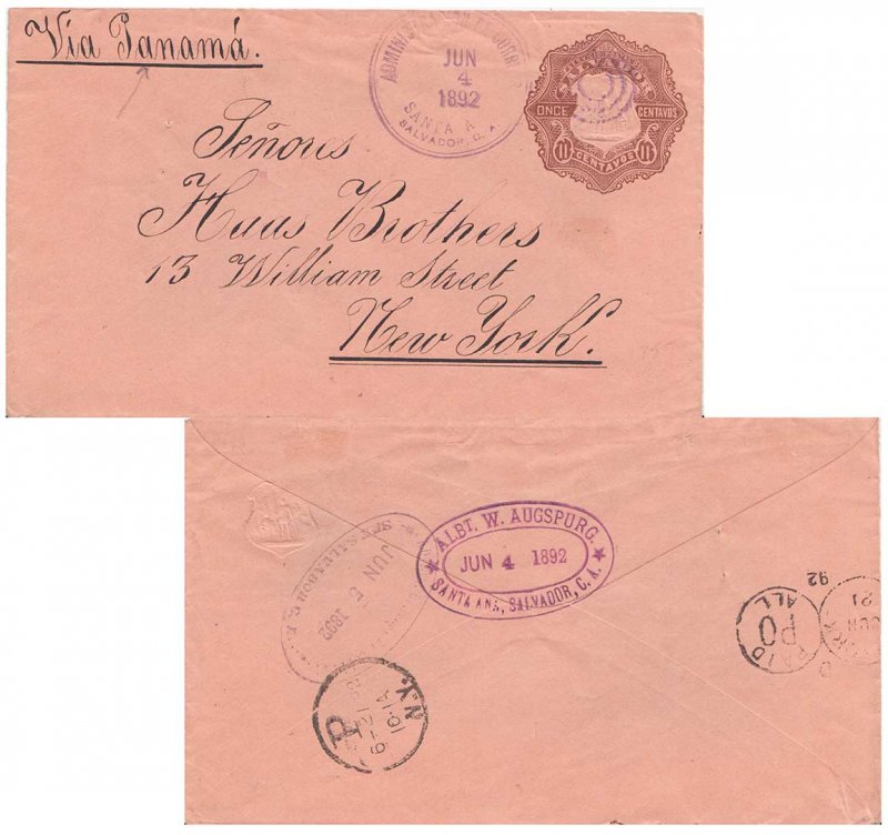 Salvador 11c Coat of Arms Envelope 1892 Administracion de Correos, Santa Ana,...