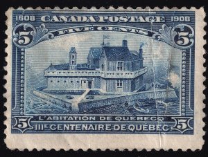 Canada Scott 99 Used 5c Quebec Tercentenary (Flaws, Low Price!!) 1908 QCX2032