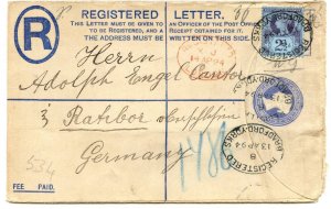 GB QV 1894 2d Uprated Postal Stationery Registered Envelope Bradford/Germany