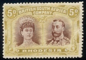 RHODESIA #107a, 5p olive yellow & brown – Color Error, og, hinged corner crease,