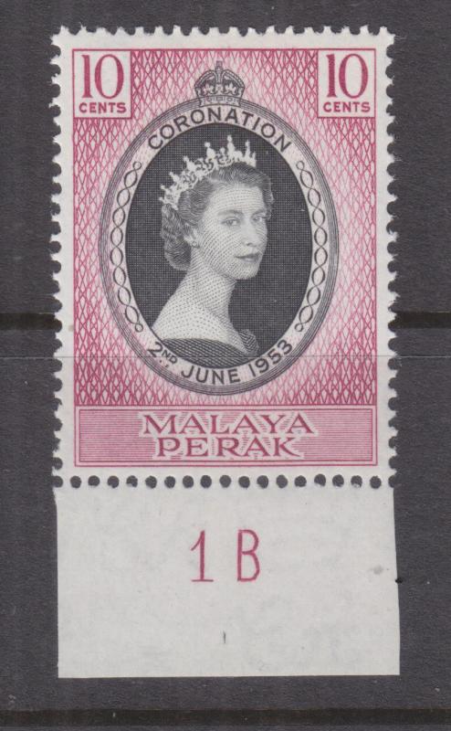 PERAK, MALAYSIA, 1953 Coronation 10c., Plate # 1B, mnh.