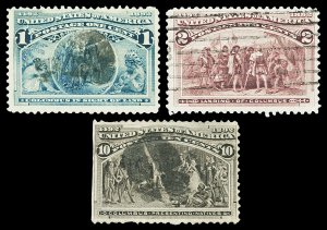 Scott 230,231,237 1c-2c,10c Columbian Issues All Used F-VF Cat $8.70