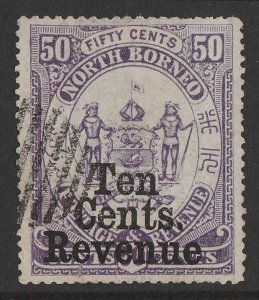 NORTH BORNEO 1886 'Ten Cents Revenue' on Arms 50c violet Postal Fiscal.