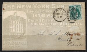 US 1880s THE NEW YORK SUN NEWSPAPER ADVERTISING COVER LARGEST CIRCULATION