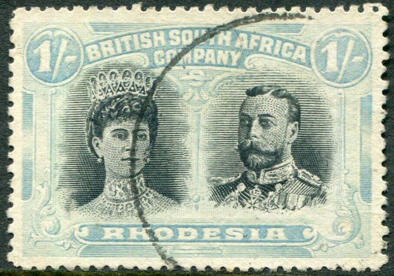 RHODESIA-1910-13 1/- Black & Pale Blue-Green Sg 152 FINE USED V48388