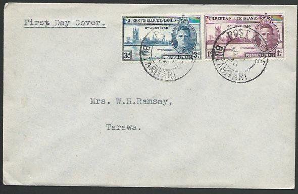 GILBERT & ELLICE IS 1946 Victory set on FDC - BUTARITARI  cds..............11041