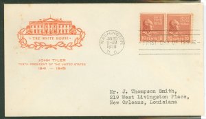 US 847 1939 FDC, 10c John Tyler (Presidential/Prexy series) Line pair coil-on a addressed (typed) First Day Cover with a house o