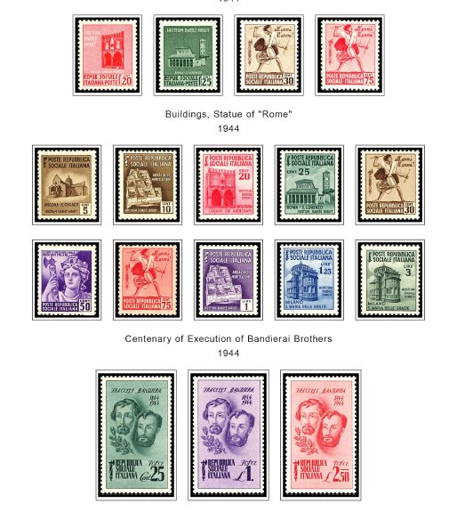 COLOR PRINTED ITALY RSI + AMG 1943-1947 STAMP ALBUM PAGES (18 illustrated pages)