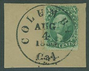 USA SC# 32 Washington, 10¢, Type III, on piece Cal cancel