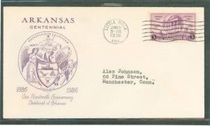 US 782 1936 3 Arkansas Statehood Centennial single on an addressed, typed FDC with a Grimsland Cachet