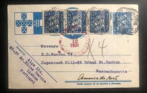 1936 Lisbon Portugal Uprated Postcard Airmail Cover To Boston MA USA