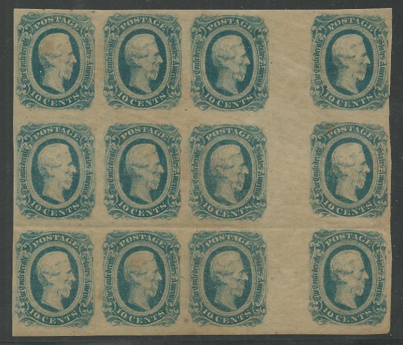 CSA Scott #12 (KB) Mint OG NH Veritcal Gutter Block of 12 Confederate Stamps VF