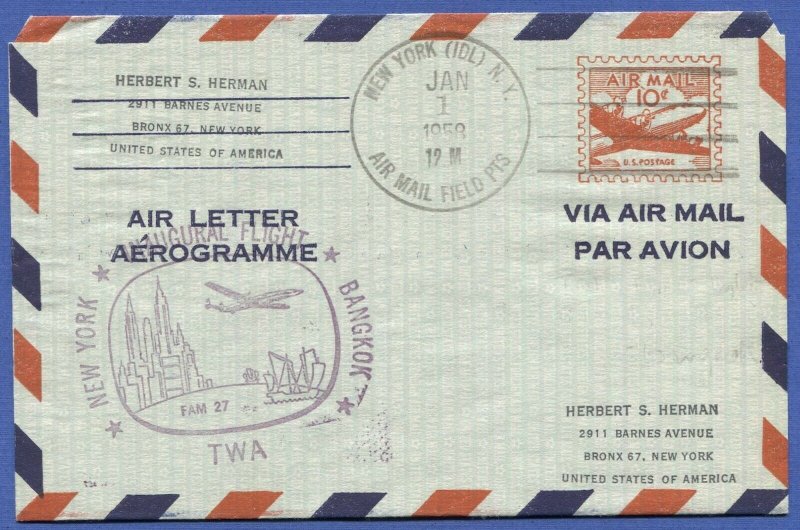 1958 UC16d 10c Air Letter/Aerogramme TWA First Flight > BANGKOK Thailand