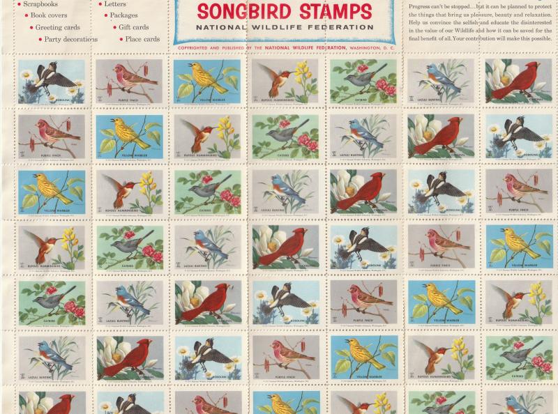 Great Complete Sheet of 49 Songbird Nat Wildlife Fed.US Poster Stamps. 1957