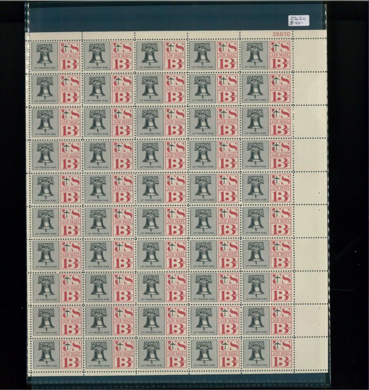 1967 United States Air Mail Postage Stamp #C62a Plate No. 26970 Mint Full Sheet