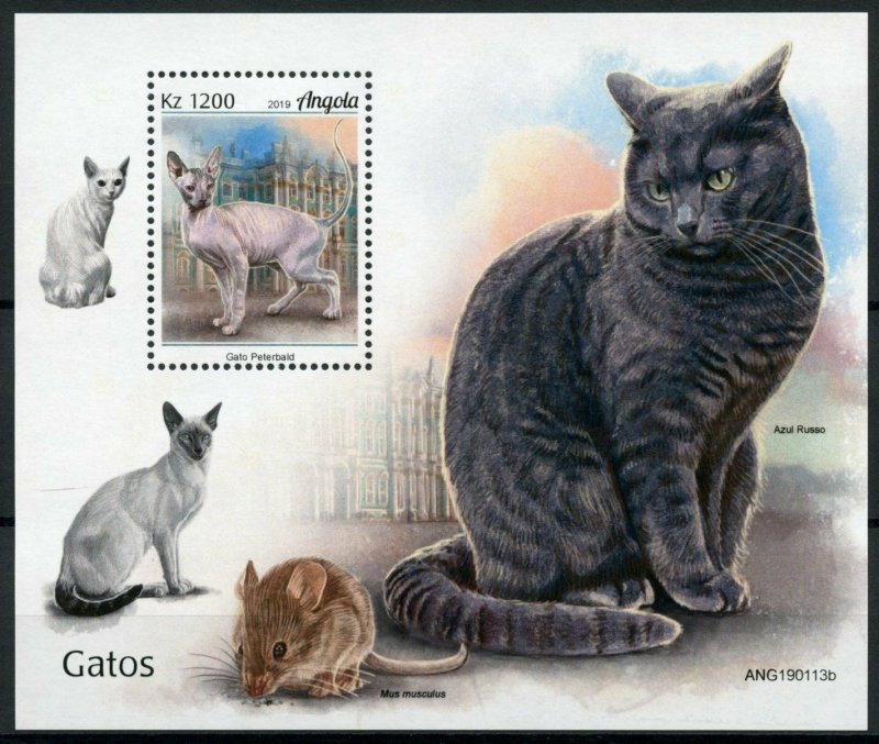 Angola Cats Stamps 2019 MNH Peterbald Russian Blue Cat Domestic Animals 1v M/S