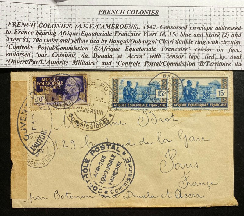 1942 Bangui French Ecuatorial Africa Censored Cover To Paris Francs 