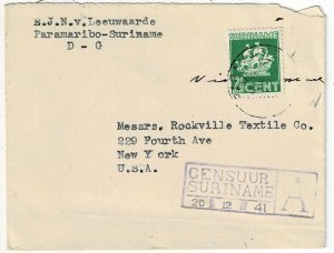 Surinam 1941 Paramaribo cancel on cover to the U.S., censored, Scott 146a