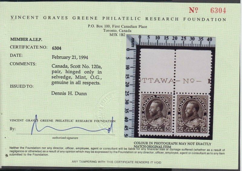 Canada, Scott 120a, MNH part imprint pair, w/ Greene certificate