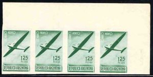 Argentina #C41P, 1940 1.25p green, imperf. strip of 4, printed on both sides