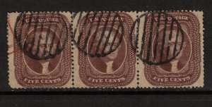 USA #30a Very Fine Used Strip Of Three With Ideal Black Grid Cancels