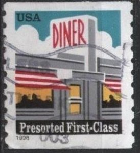 US 3208 (used, wrinkled) (25¢) diner (coil, large 1998)