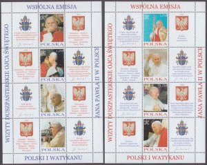 POLAND Sc #3724-5a-d CPL MNH 2 SHEETS of 4 + 8 LABELS - POPE JOHN PAUL II