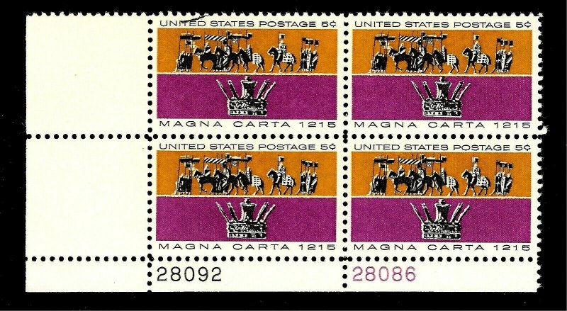 US  1965 Sc# 1265 5 c Magna Carter Issue Mint NH  PLATE BLOCK of 4