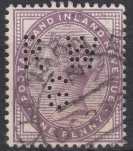 Great Britain Sg172 1d Lilac Used Perfin RWG Cv £2.20