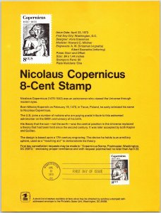 USPS SOUVENIR PAGE NICOLAUS COPERNICUS 8-CENT STAMP 1973