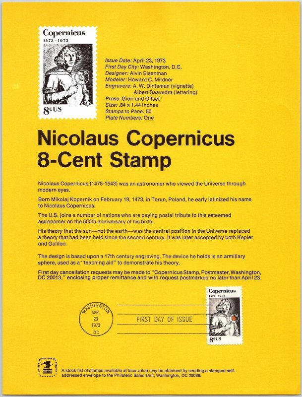USPS SOUVENIR PAGE NICOLAUS COPERNICUS 8-CENT STAMP 1973
