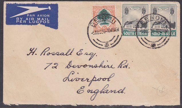 SOUTH AFRICA 1936 7d airmail rate cover BENONI to UK.........................722