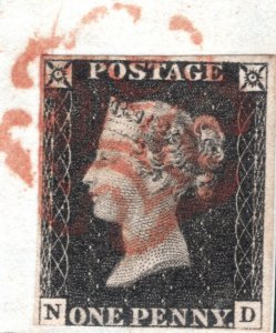 GB PENNY BLACK QV 1840 Stamp SG.2 1d Plate 2 (ND) Red MX Piece Cat £375- REDB111